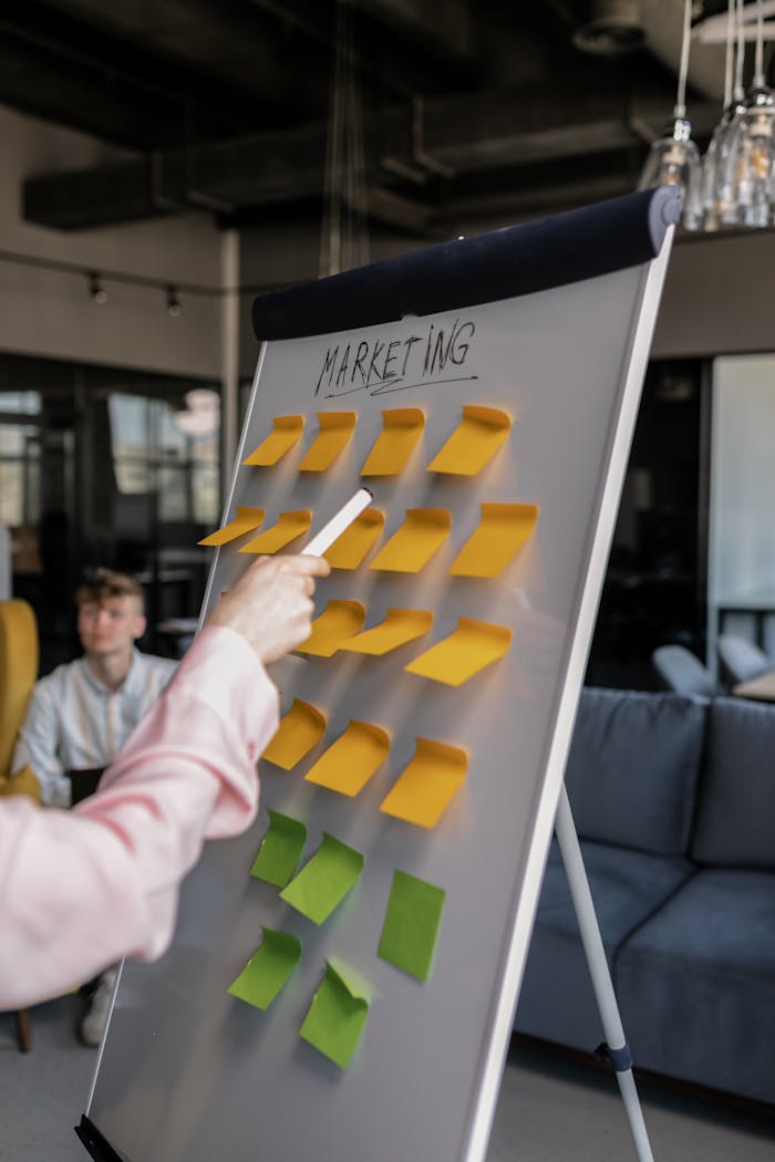 services-02 Business professionals brainstorming marketing strategies on a whiteboard with sticky notes.