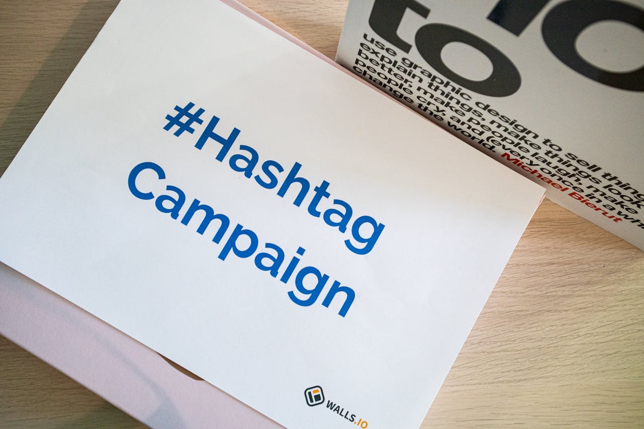 about-01 A concept image of a hashtag campaign displayed on paper for marketing strategies.